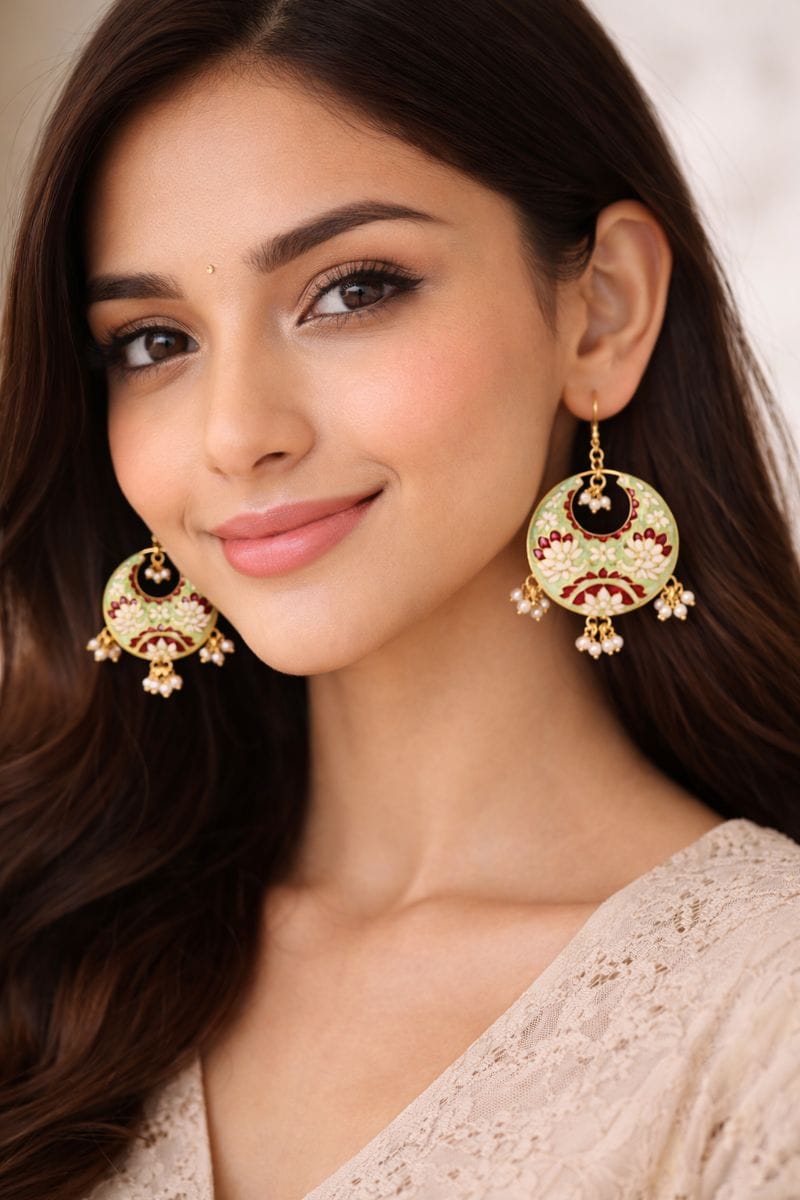 Mint Green Meenakari Chandbali Earrings with Floral Design and Pearl Clusters