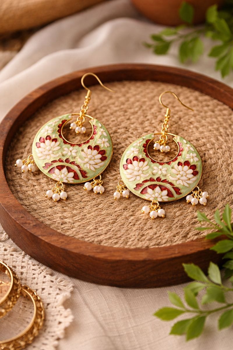 Mint Green Meenakari Chandbali Earrings with Floral Design and Pearl Clusters
