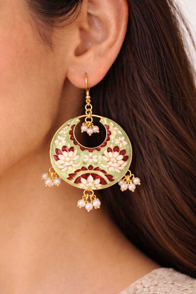 Mint Green Meenakari Chandbali Earrings with Floral Design and Pearl Clusters