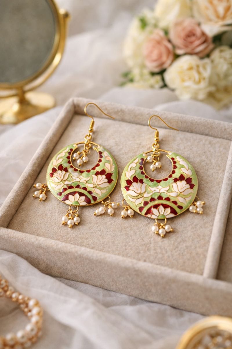 Cream Meenakari Chandbali Earrings with Floral Design and Pearl Clusters