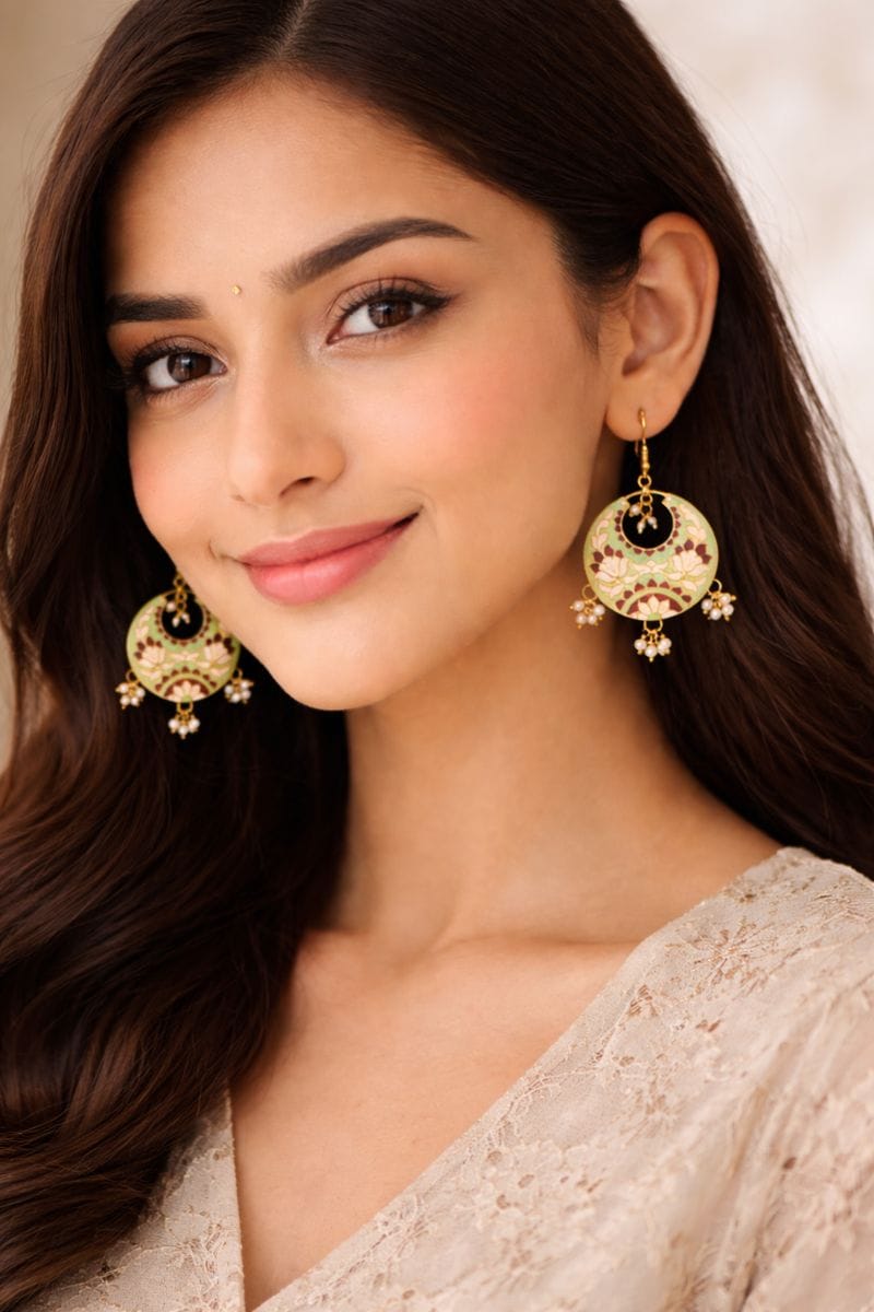 Cream Meenakari Chandbali Earrings with Floral Design and Pearl Clusters