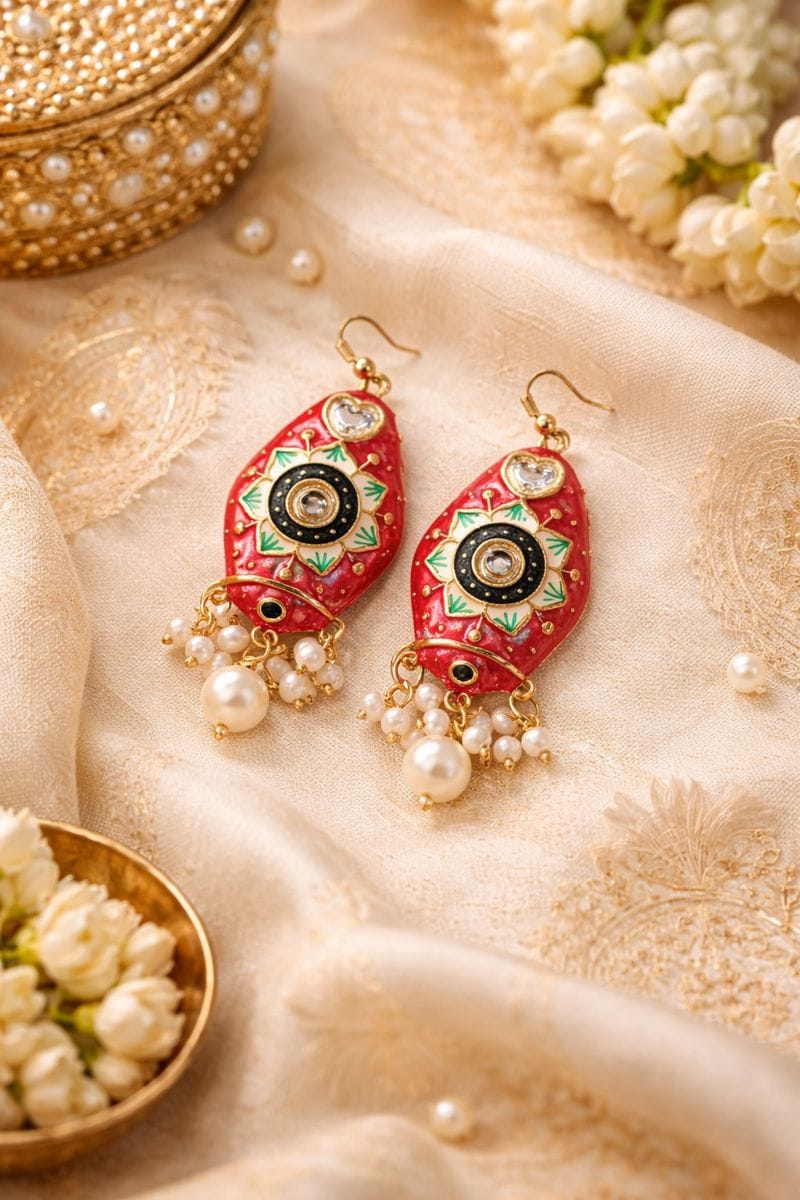 Red Meenakari Drop Earrings with Pearl Cluster and Crystal Heart