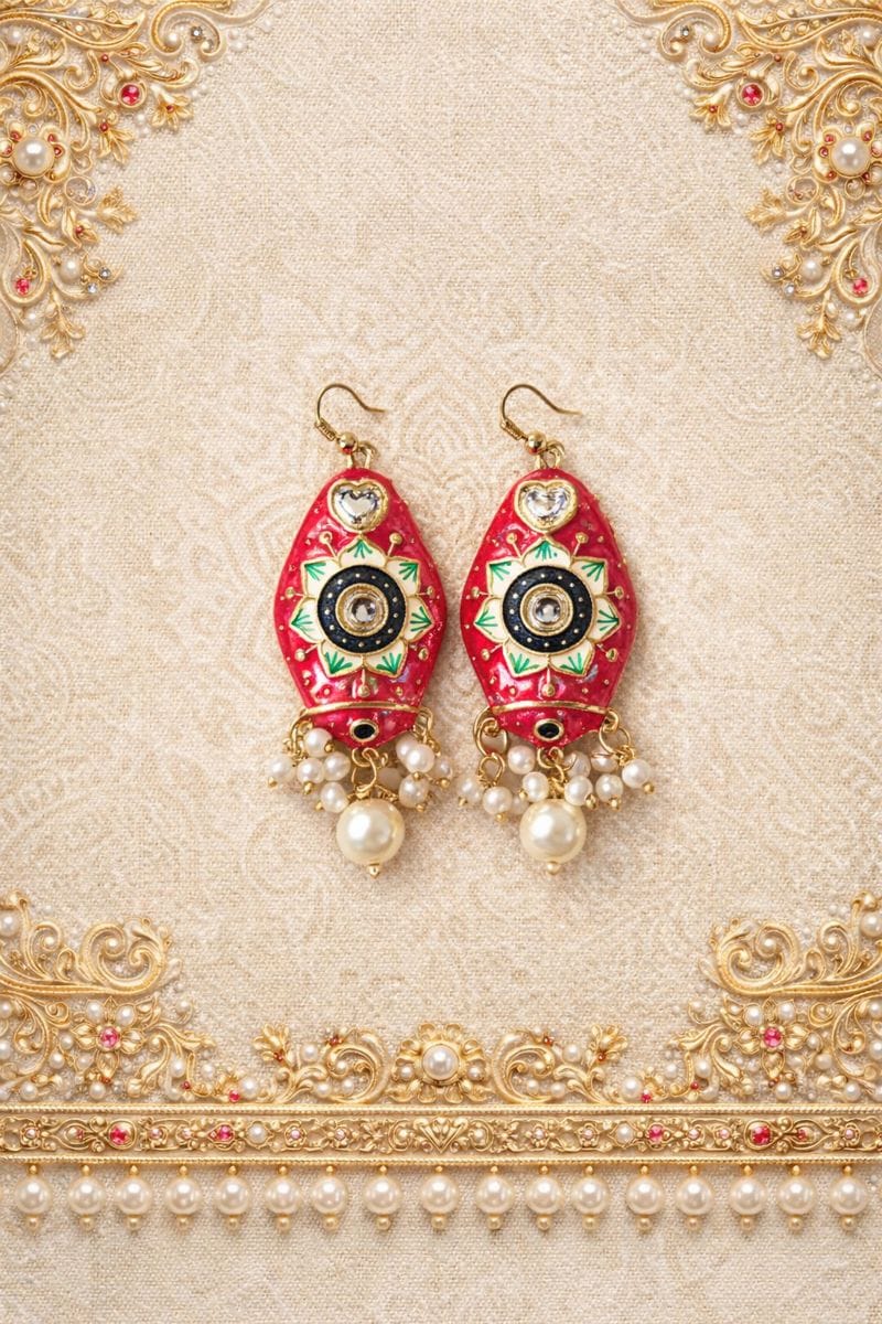 Red Meenakari Drop Earrings with Pearl Cluster and Crystal Heart