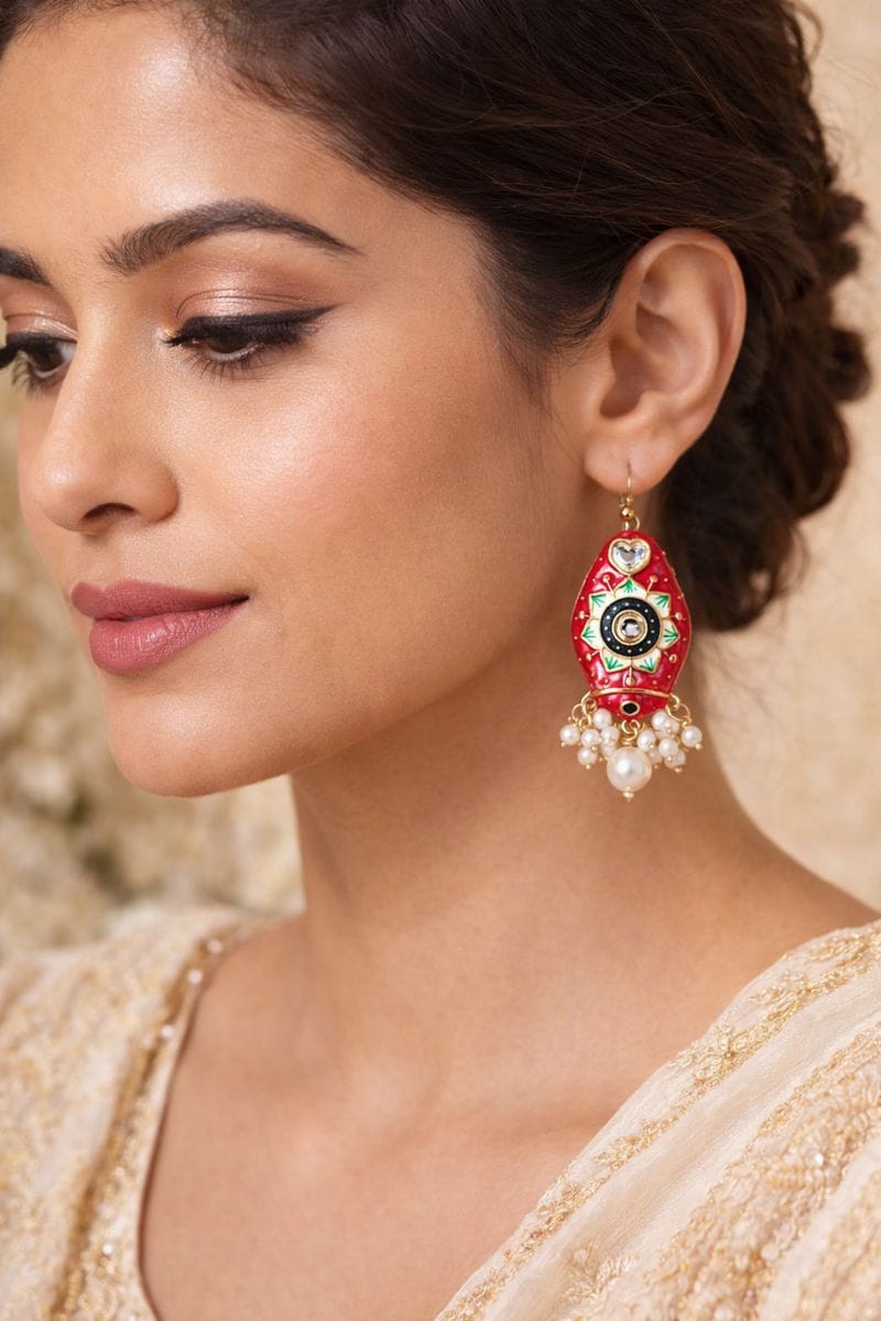 Red Meenakari Drop Earrings with Pearl Cluster and Crystal Heart