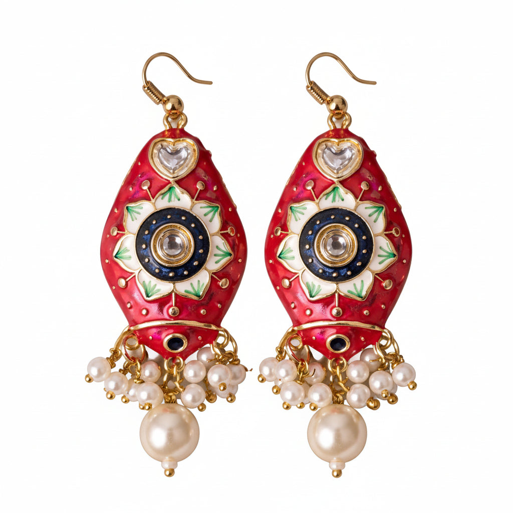 Red Meenakari Drop Earrings with Pearl Cluster and Crystal Heart