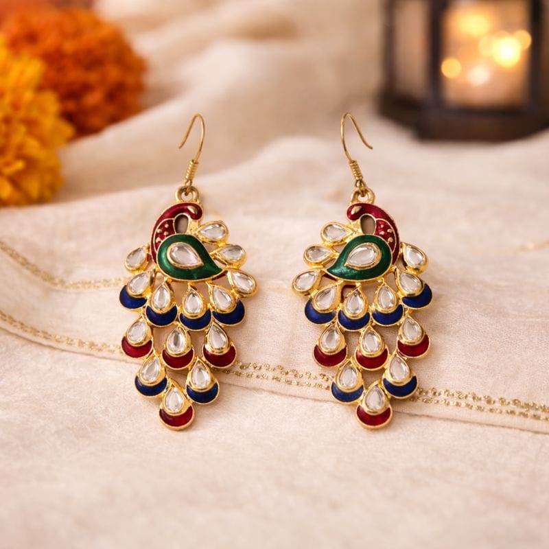 Peacock Kundan Chandelier Earrings with Multicolor Enamel