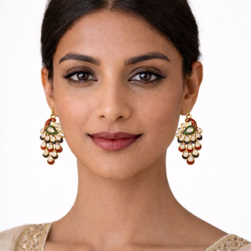 Peacock Kundan Chandelier Earrings with Multicolor Enamel