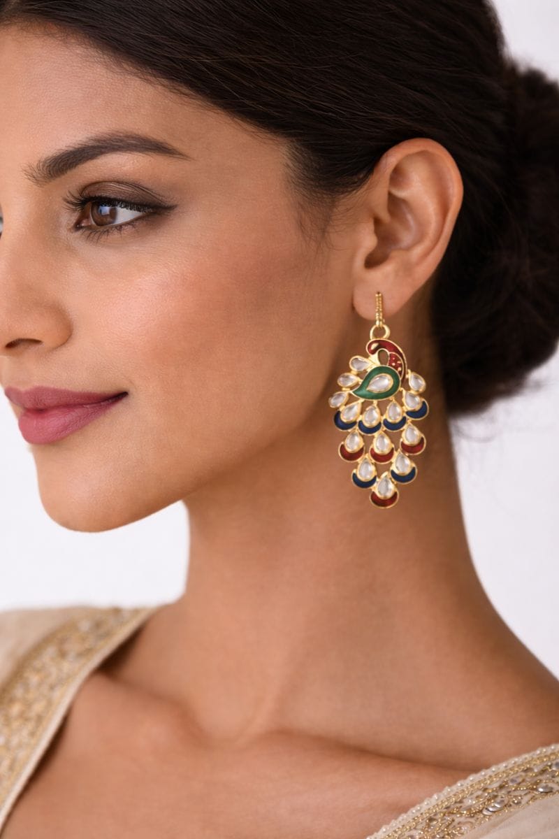 Peacock Kundan Chandelier Earrings with Multicolor Enamel