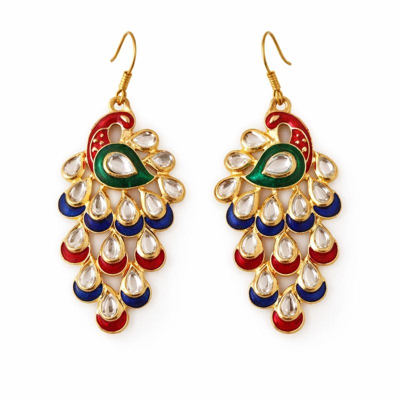 Peacock Kundan Chandelier Earrings with Multicolor Enamel