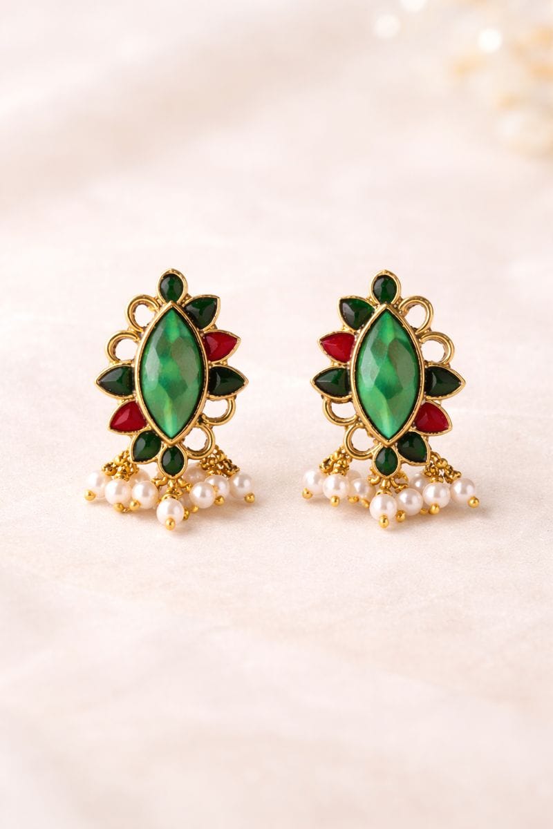 Emerald Green Marquise Stone Earrings with Pearl Cluster