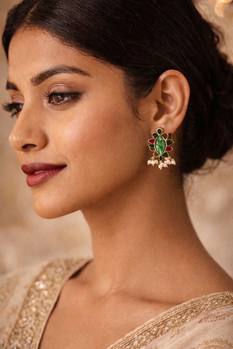 Emerald Green Marquise Stone Earrings with Pearl Cluster