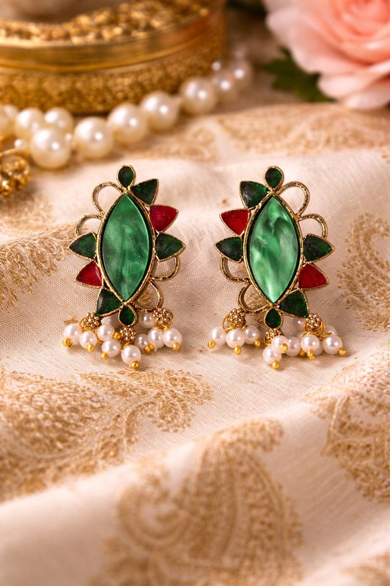 Emerald Green Marquise Stone Earrings with Pearl Cluster