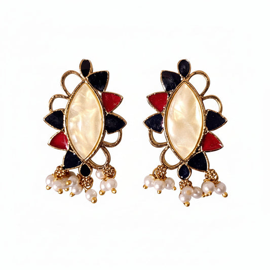 Ivory Marquise Stone Stud Earrings with Pearl Cluster and Enamel