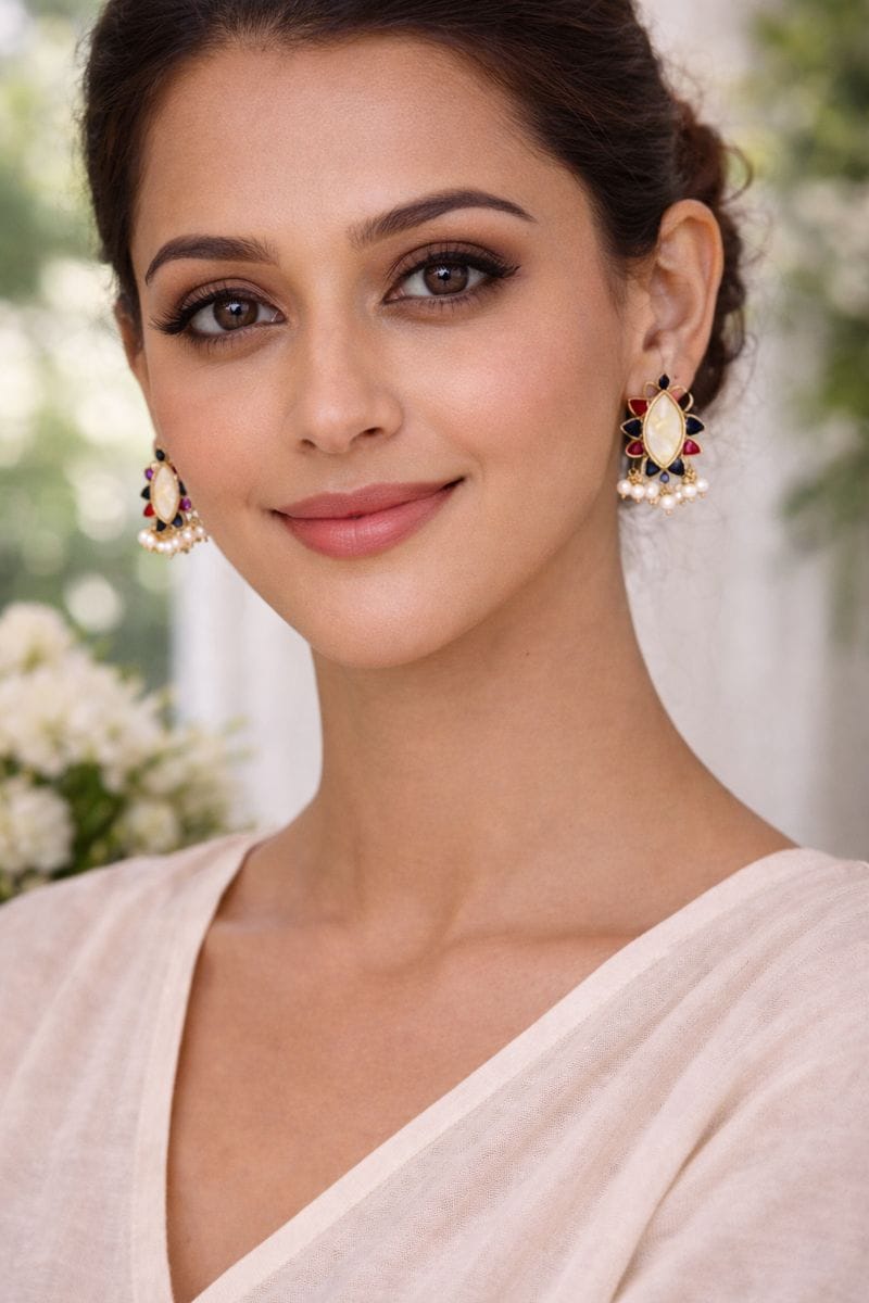 Ivory Marquise Stone Stud Earrings with Pearl Cluster and Enamel