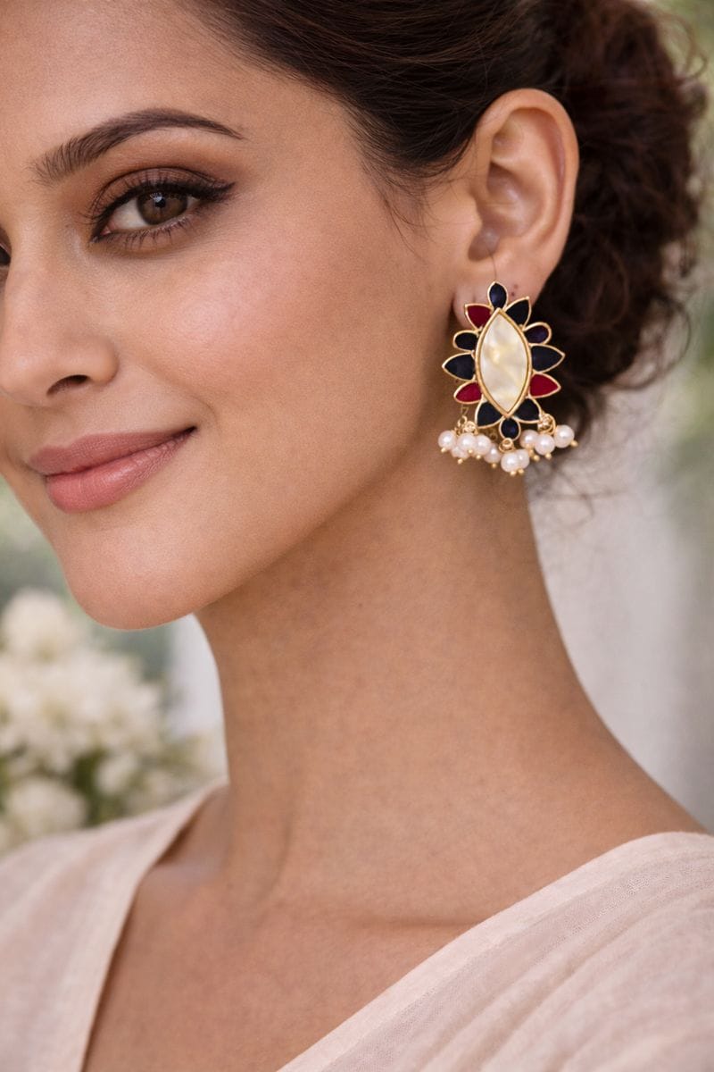Ivory Marquise Stone Stud Earrings with Pearl Cluster and Enamel