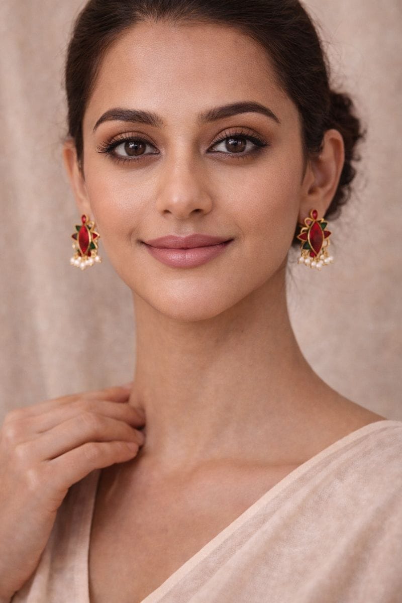 Red Gemstone Stud Earrings with Pearl Accents