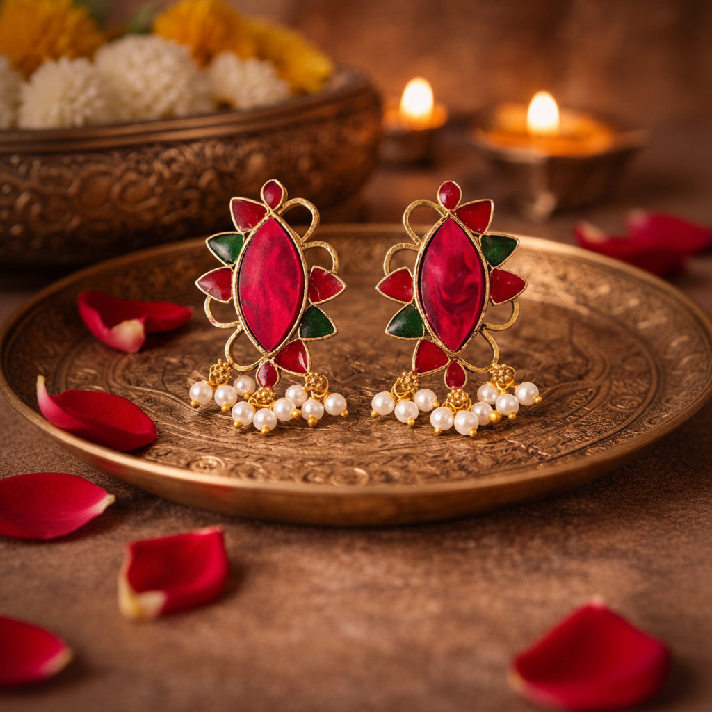 Red Gemstone Stud Earrings with Pearl Accents
