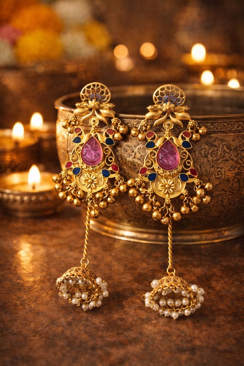 Traditional Gold Jhumka Earrings with Gemstones