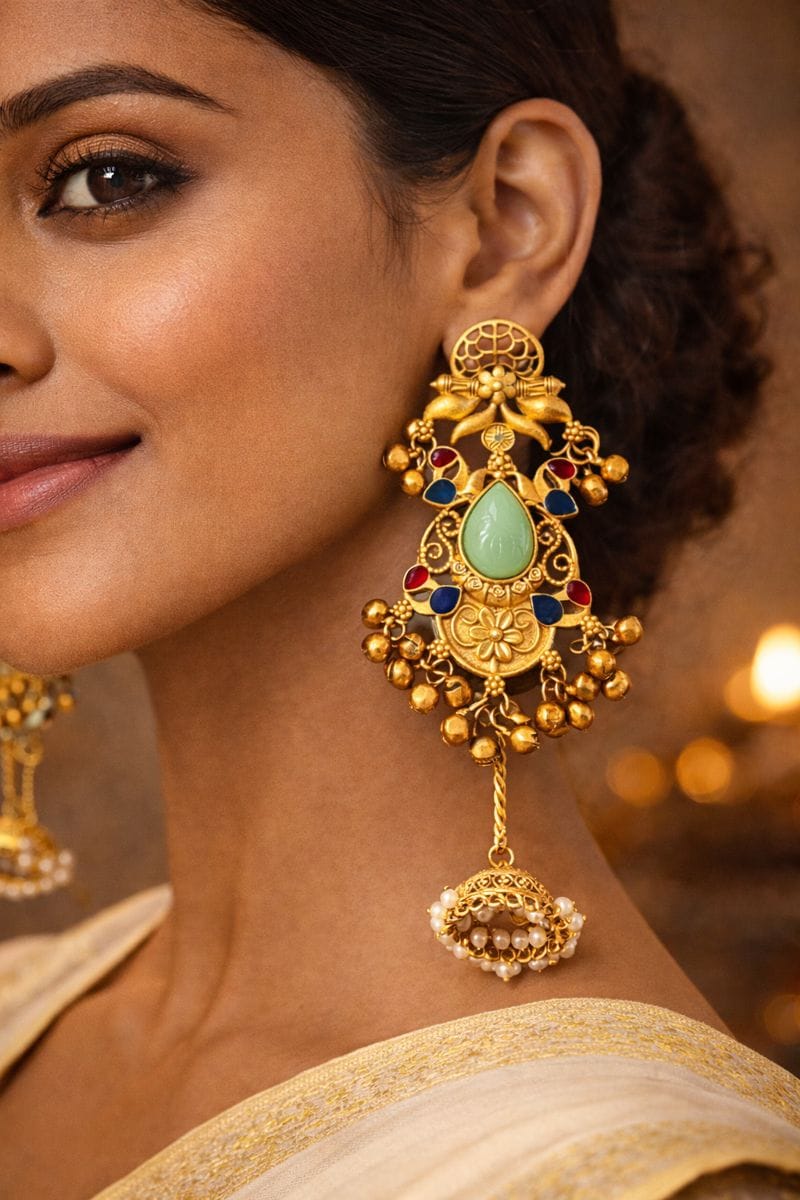 Gold Chandbali Earrings with Green Gemstone