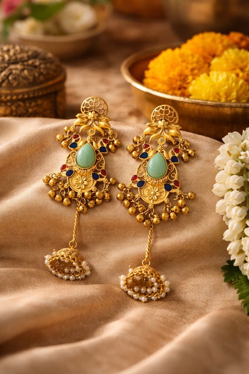 Gold Chandbali Earrings with Green Gemstone