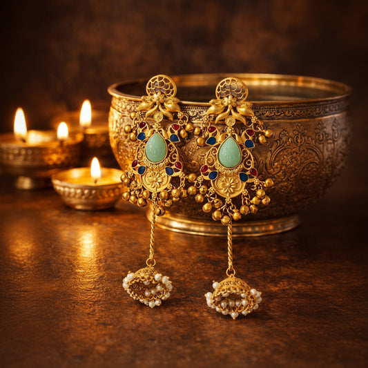 Gold Chandbali Earrings with Green Gemstone