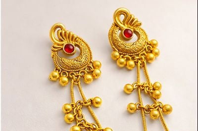 Traditional Chandbali Earrings with Cascading Gold Beads and Ruby