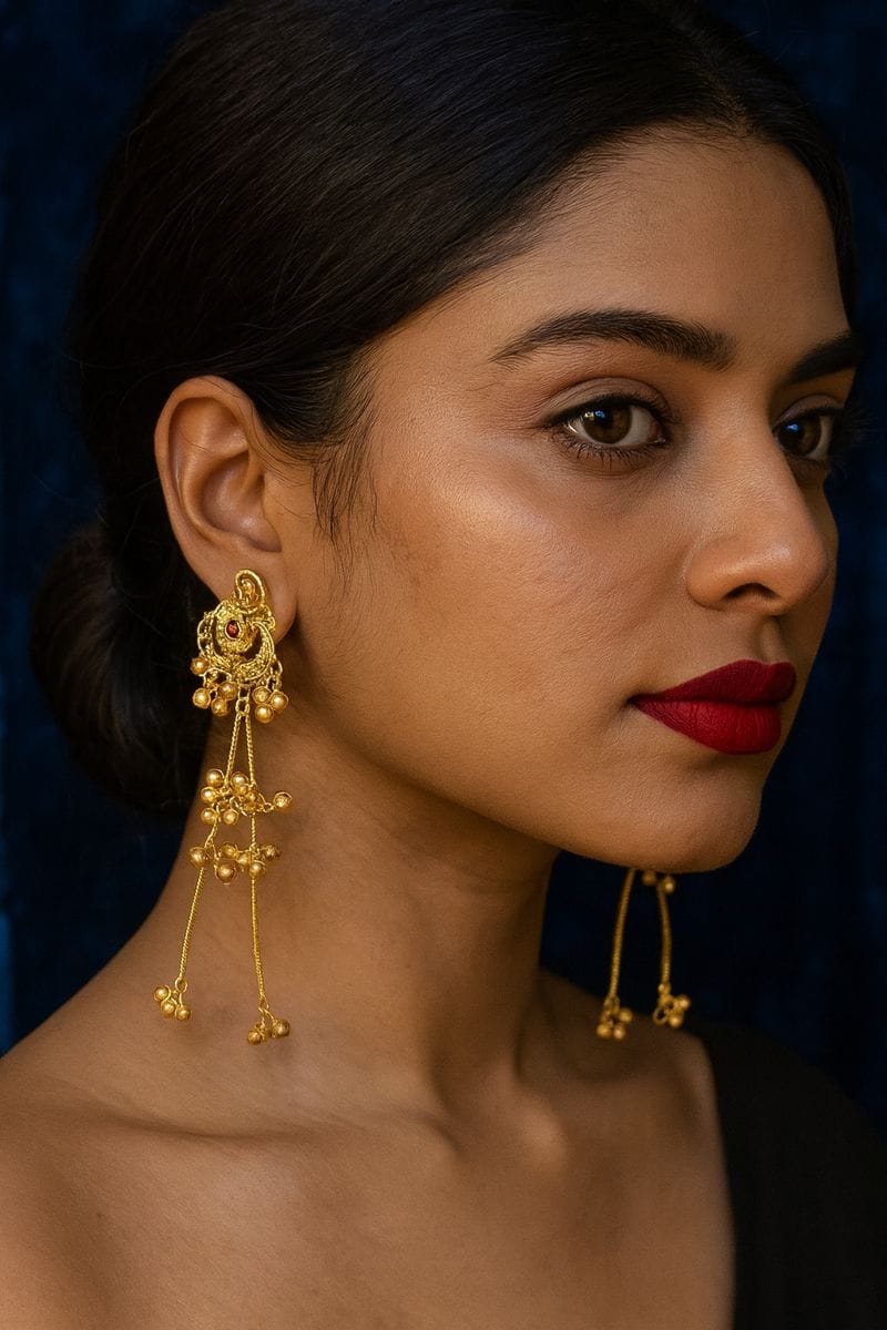 Traditional Chandbali Earrings with Cascading Gold Beads and Ruby