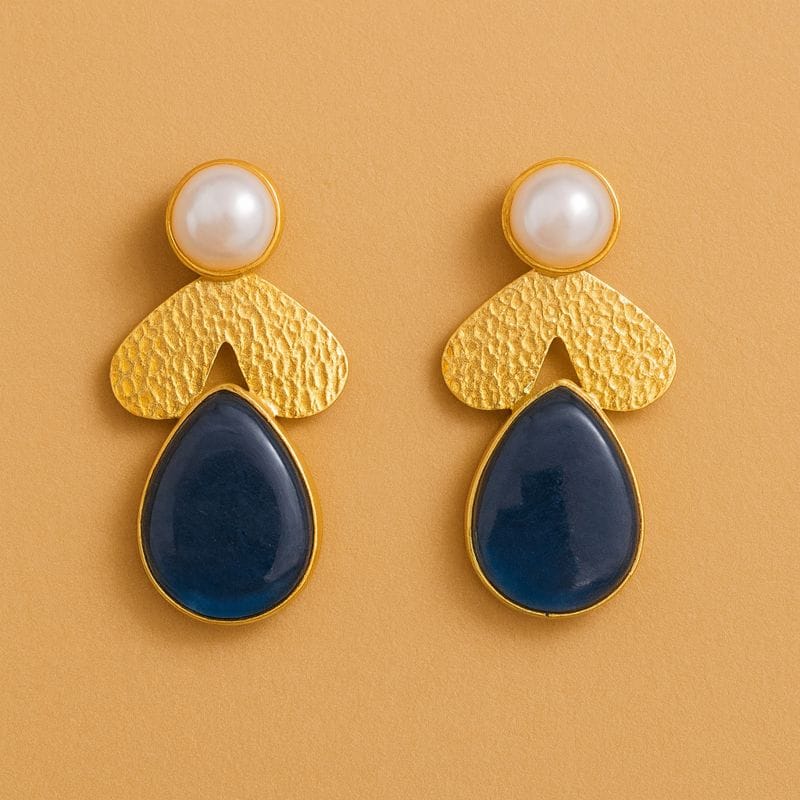 Pearl and Blue Stone Drop Earrings