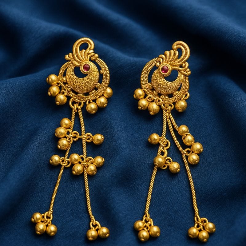 Traditional Chandbali Earrings with Cascading Gold Beads and Ruby
