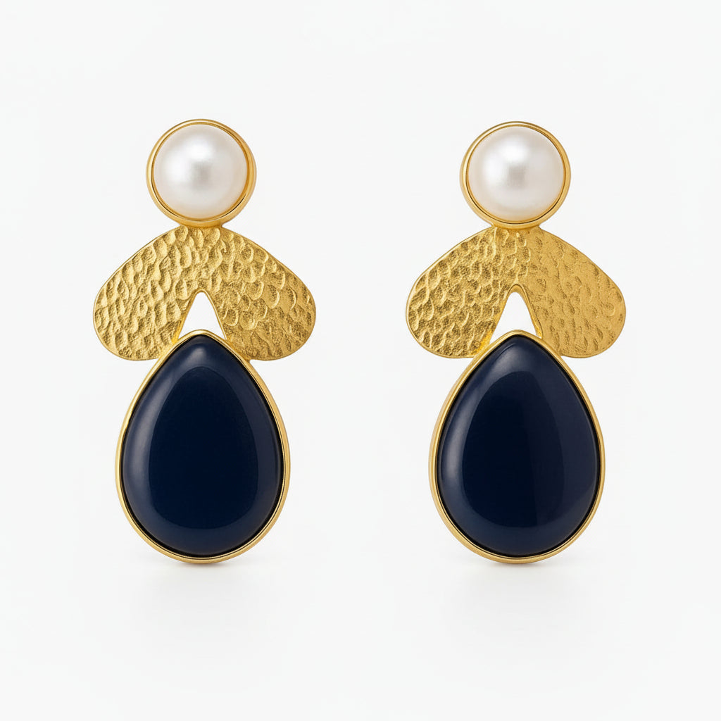 Pearl and Blue Stone Drop Earrings