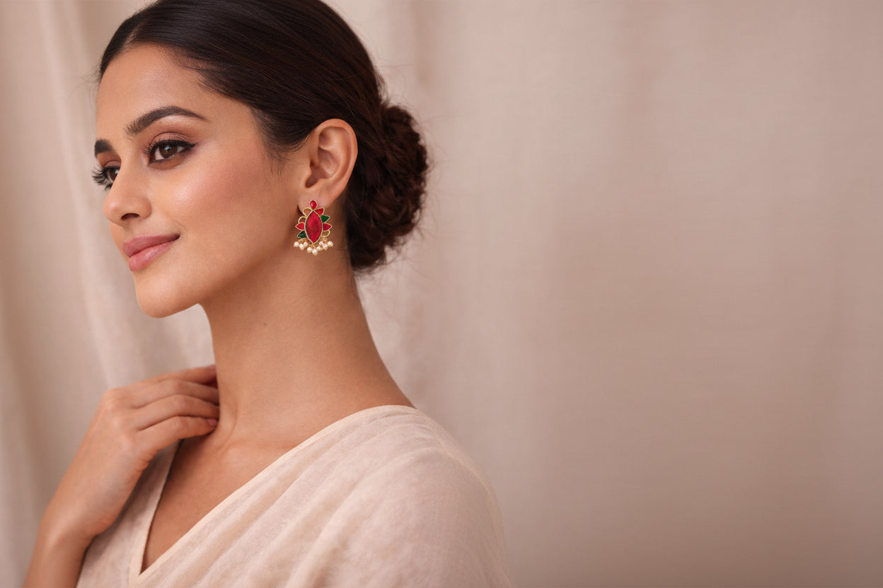 Red Gemstone Stud Earrings with Pearl Accents