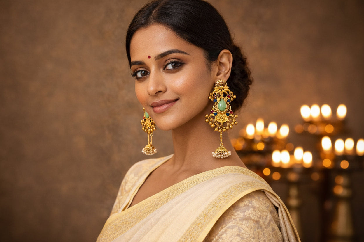 Gold Chandbali Earrings with Green Gemstone