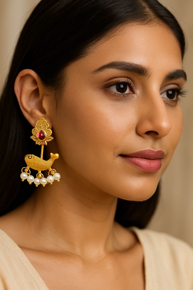 Traditional Gold Crescent Earrings with Ruby & Pearls